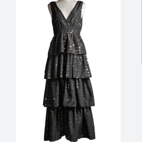 Black & Gold Sequins ruffle tiered Havana Dress by Traffic People Medium NWT - Picture 10 of 13